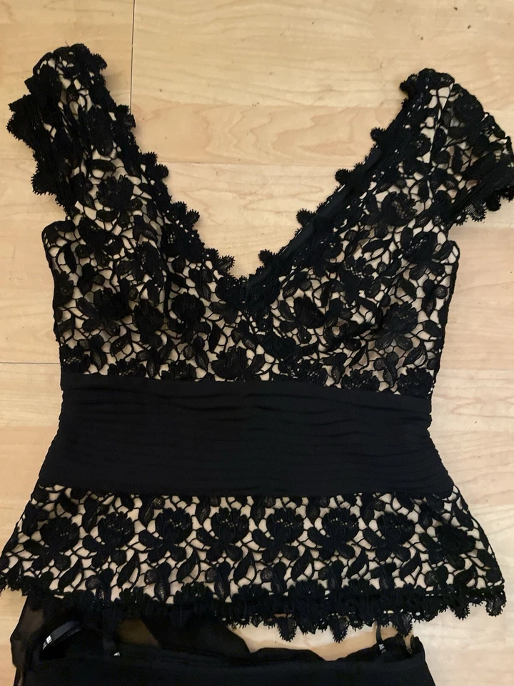 COLECCIÓN TADASHI 2 Piezas Top y Falda Midi en Niveles Vestido Talla 4/6 Negro Beige Z29 Foto 2 de 4