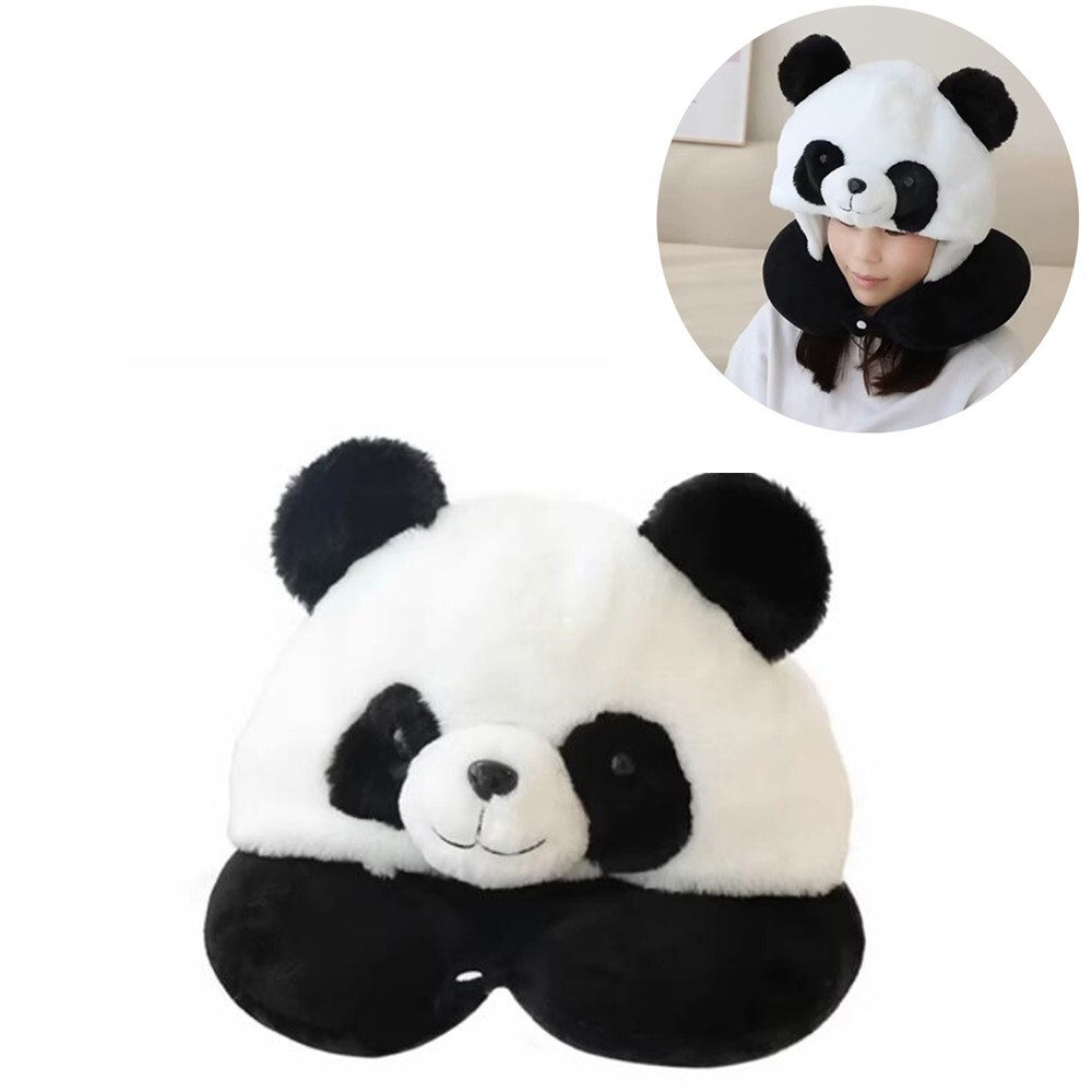 Panda Hooded Plush Pillow Animal U-Shaped Neck Pillow with Hat for