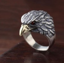 bague tete d'aigle yeux rouge métal argenté