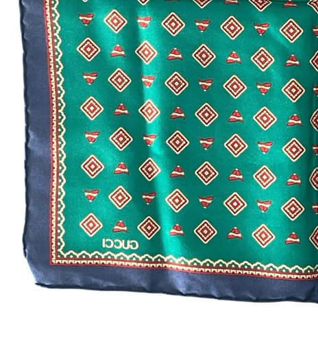 NWT Vintage Gucci Silk Pocket Square Green Red Geometric Pattern Navy Border - Picture 5 of 6