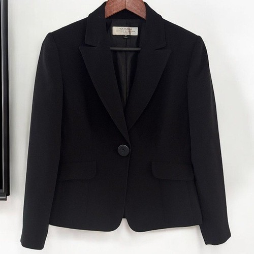 Tahari Blazer Damen Petite 8 8P Einreiher gekerbtes Revers ein Knopf schwarz
