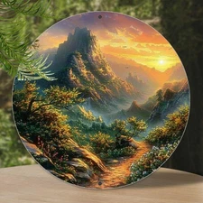 Vintage Metal Wall Decor - Sunset Mountain Landscape Painting with Orange & Yell