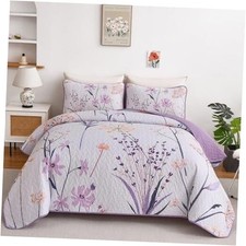 Floral Quilt Size Botanical Quilt Bedding Set 3 Pieces Soft Queen Purple