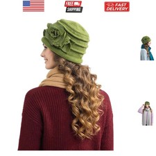 Vintage Women Floral Wool Dress Cloche Winter Hat 1920s