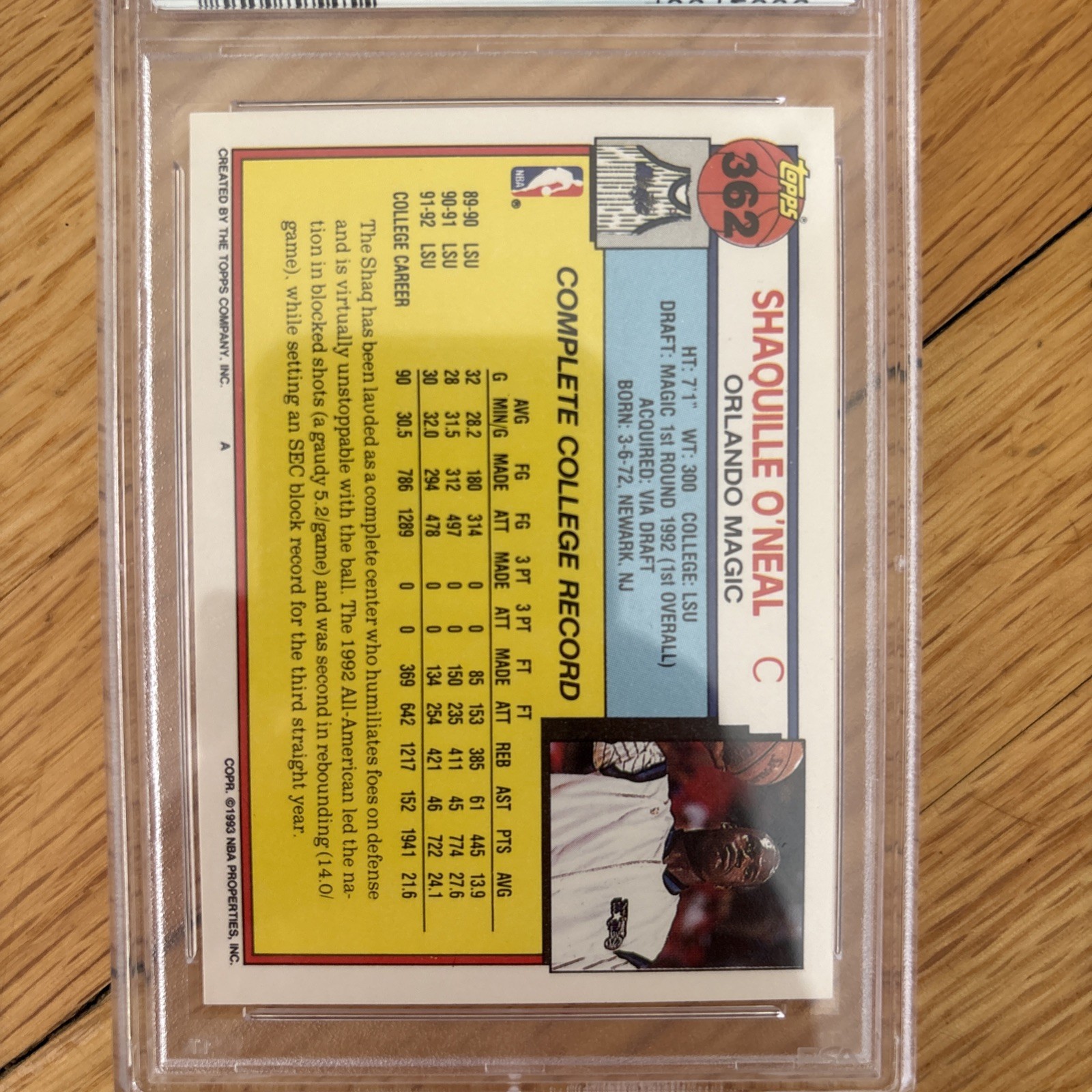 1992-93 Topps Shaquille O'Neal #362 (RC) Psa 9