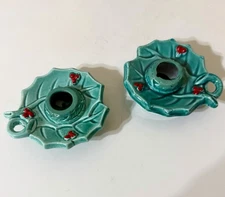 Vintage Artmark Christmas Holly Leaf Ceramic Candle Holder Lot 2 Berries Japan