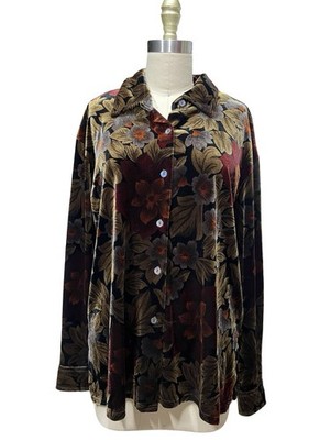 Vintage 90s Velvet Button Down Top Blouse L Floral Whimsygoth Goth Vamp