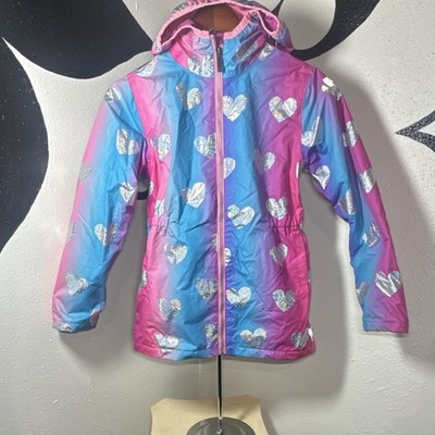 Hatley Girls Hooded Jacket Size 12 Pink Blue Purple Heart Zip Polyester
