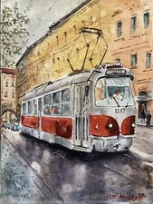Original Watercolor Painting "Tram In Prague” One-of-a-kind 9"" X 12"