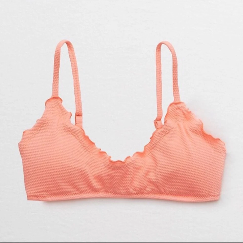 Aerie Pique Ruffle Scoop Swimsuit Bikini Top Size Large Coral Lettuce - Image 2 of 4