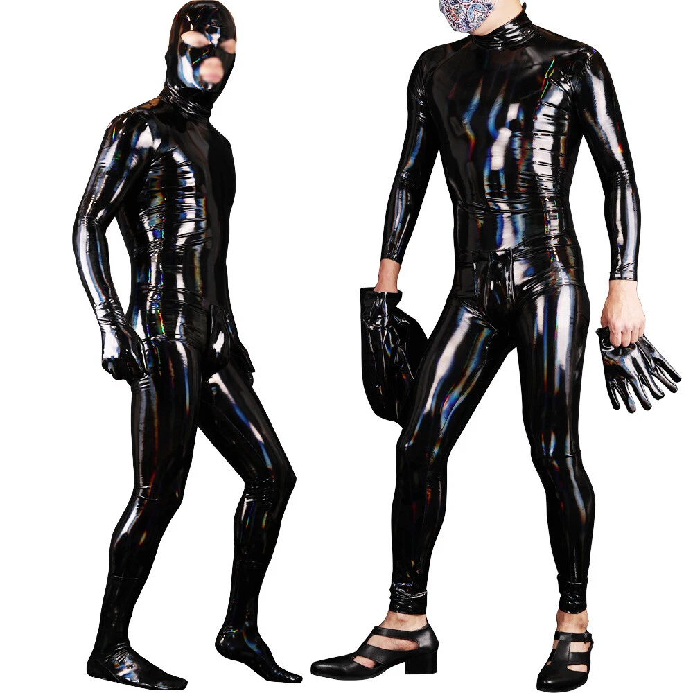 Men Synthetic Latex Catsuit Back Crotch Zipper Handmade Bodysuit Party Club  wear