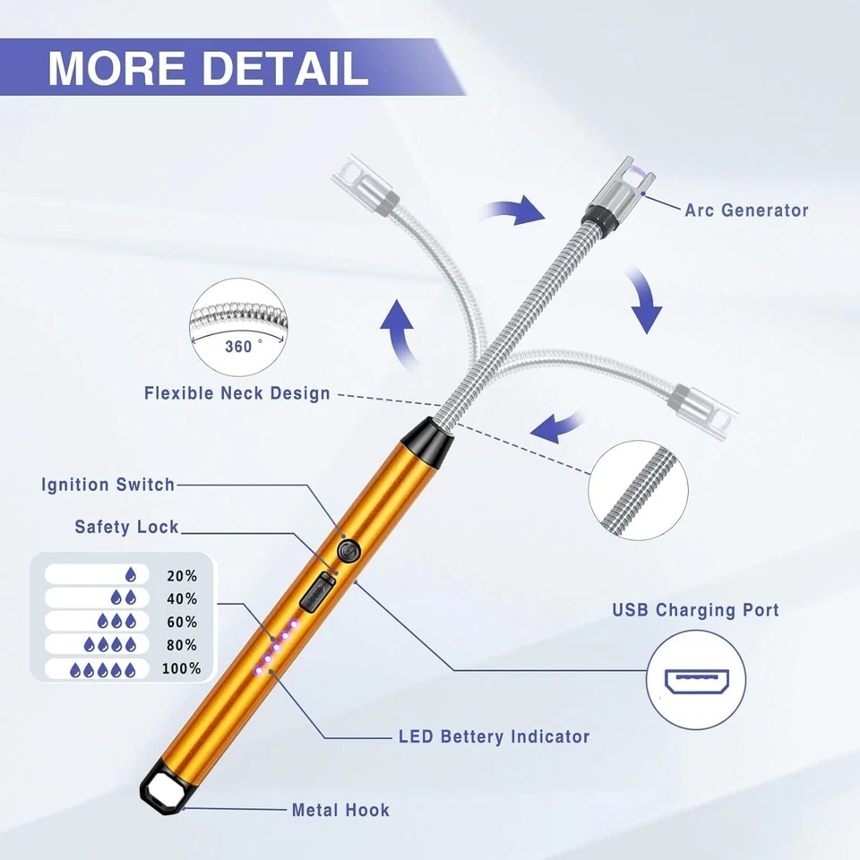 USB Recargable Eléctrico Arco BBQ Flexible Mechero para Cocina Velas Juego De 2 - Imagen 4 de 4
