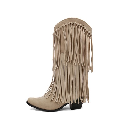 Womens Knee High Boots Mid Chunky Block Heels Tassels Western Riding Boot Autumn - Imagen 7 de 29