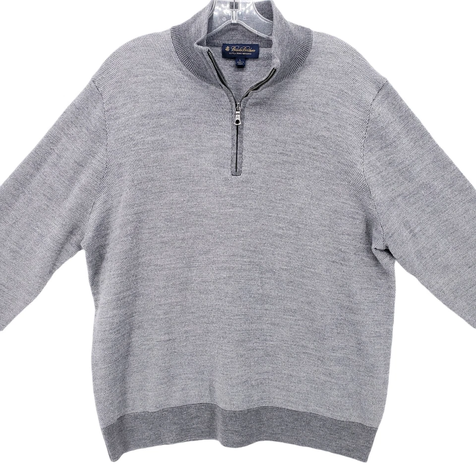 BROOKS BROTHERS Extra Fine 100% Merino Wool Gray 1/4 Zip Pullover Soft LARGE - Image 2 of 4