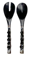 2 Serving Spoons Black Wood Beaded Mother of Pearl End Tip 10.5”