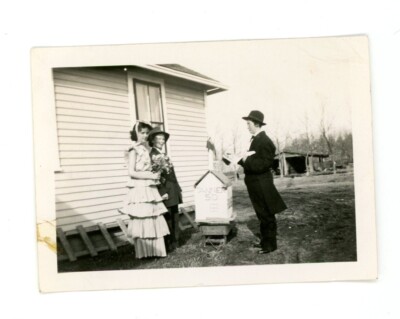 Kids having play pretend wedding playing dress-up  Vintage snapshot photo