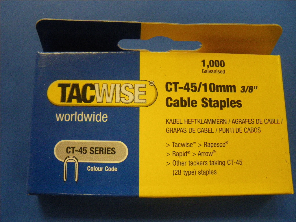 TACWISE CT45 10mm WHITE CABLE TACKER STAPLES, 1,000 PER BOX, FITS CABLE