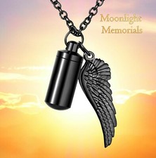 New Cylinder  Angel Wing Cremation Urn Keepsake Ashes Black Memorial Necklace