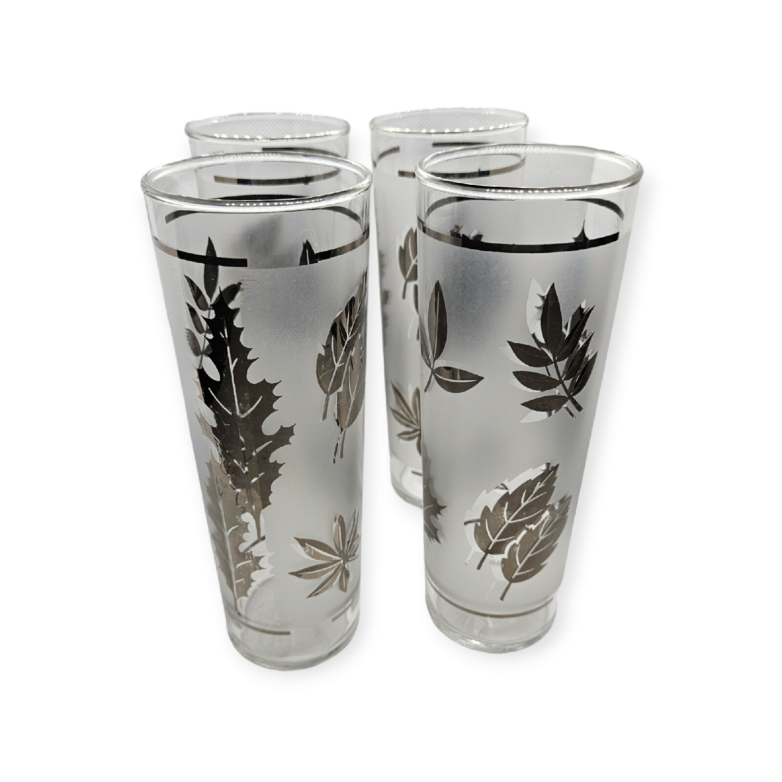 Libbey Silver Leaf Tom Collins Glasses Tumbler Set of 4 Frosted Vintage