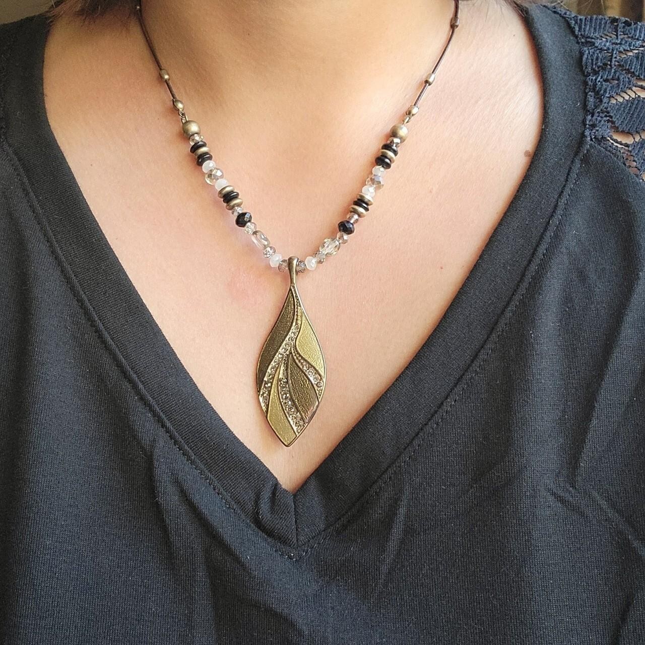 Vintage Beaded Rhinestone Leaf Statement - image 2