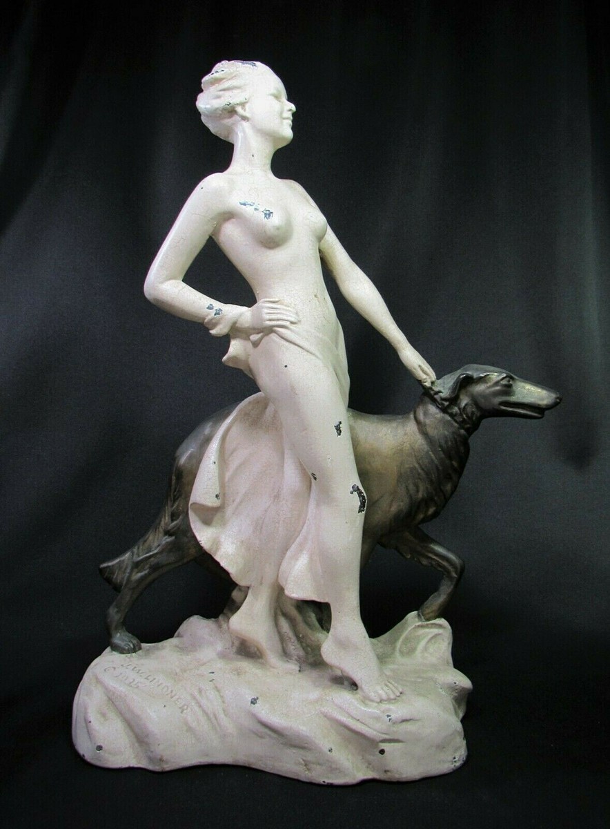 Art Deco JW Lindner Nude Lady w/Dog Statue c.1935 Frankart Icart