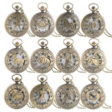 Vintage Zodiac Steampunk Pocket Watch Retro Twelve Constellations with Necklace