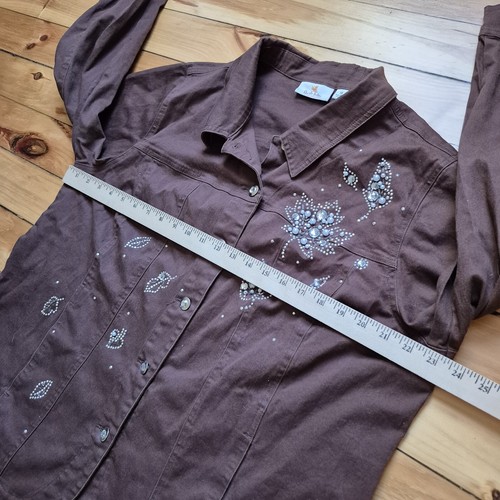 Quacker Factory Over Shirt 1X Floral Brown Beaded Embroidered Embellished Mature - Picture 9 of 12