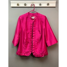 Dressbarn Blazer Women 14/16 Pink Open Front Ruffle Trim Shantung Jacket