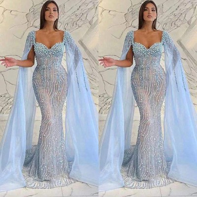 Luxury Mermiad Evening Dresses Boat Neck Lace Sequins Pearls Party Prom Gowns