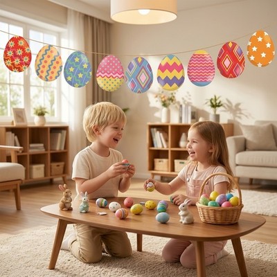 Easter Wimpelkette Papier, Bunte Hasen & Eier Girlande