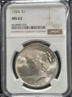 1924 Silver Peace Dollar NGC MS63 US Graded Coin Slab 90%  Philadelphia Mint