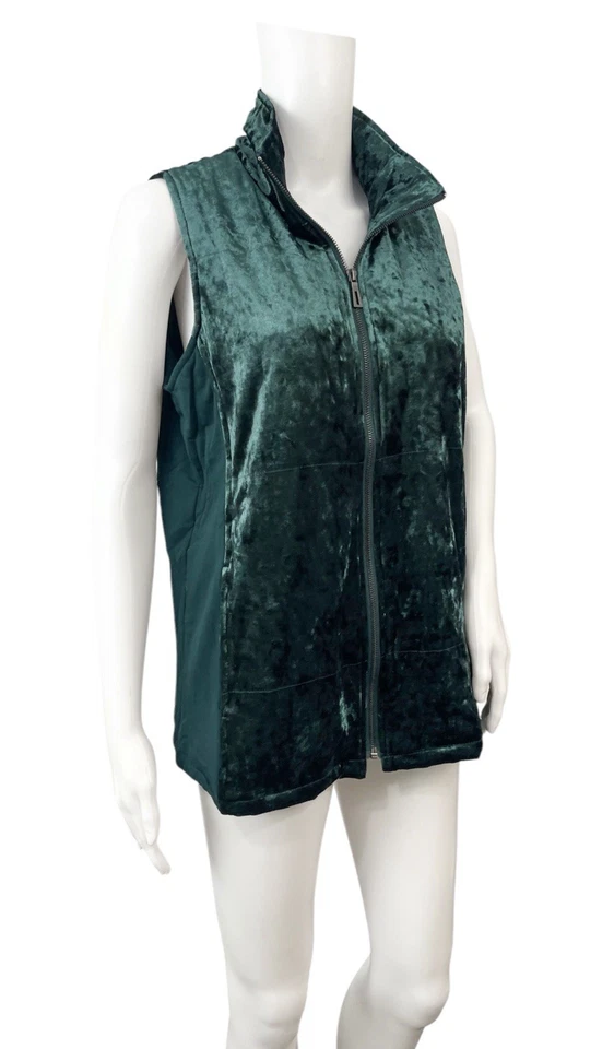 XCVI Velvet Zip Vest Women XL Green Sleeveless Collared Pocketed New - Image 2 of 4