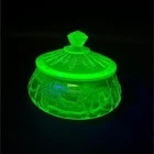 Vintage Hocking Glass Green Uranium Vaseline Glass Princess Pattern Covered Cand