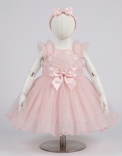 Pink Tulle Lace Tutu Dress with Bow, Headband, Floral Pattern for Girls Party