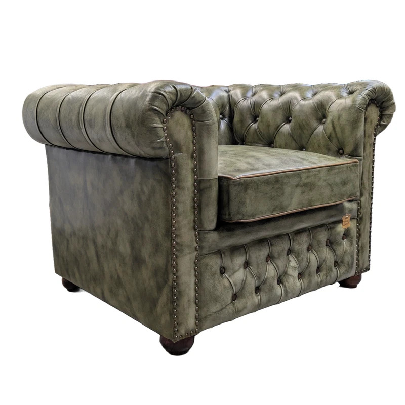 Poltrona Chesterfield Club in VERA PELLE Verde Capitonné con Borchie Salotto Pub