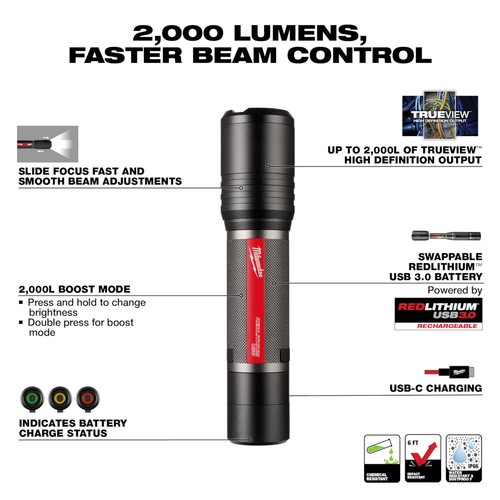 Milwaukee 2162-21 REDLITHIUM USB 2,000 Lumen Cordless Slide Focus Flashlight - Picture 3 of 9