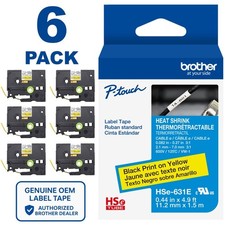 Brother HSe-631E Black on Yellow 3:1 Heat Shrink Tube 0.5" AWG 8-18  6-PACK 