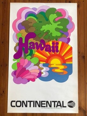 PETER MAX Vintage 1970s Continental Airlines Hawaii Promotional Poster (Volcano)