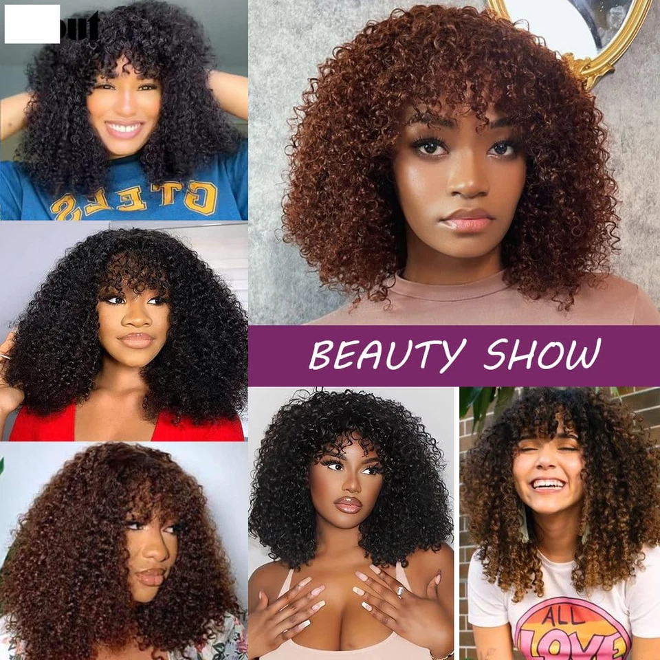 Peluca Bob Sin Pegamento Cabello Humano Corto Rizado con Flequillo Ponerse y Go 200% Densidad Foto 3 de 4