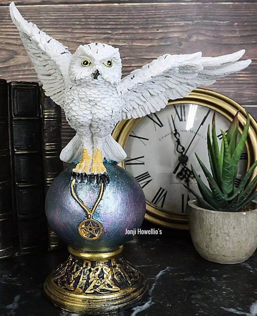 Gothic Owl Ornament Pentagram Pendant Talisman Perched On Ball Orb Sculpture