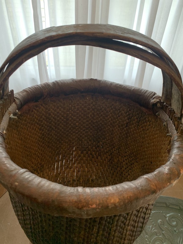 Lg Antique Chinese Rice Basket with 3 Bent Bamboo Handles Early 20th Century