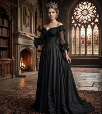 Gothic Black Prom Dress Historical Victorian Lace Applique Sleeves Evening Gowns