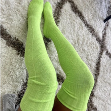 Women Lime Green Thigh High Socks Extra Long Over The Knee Cable Knit Socks