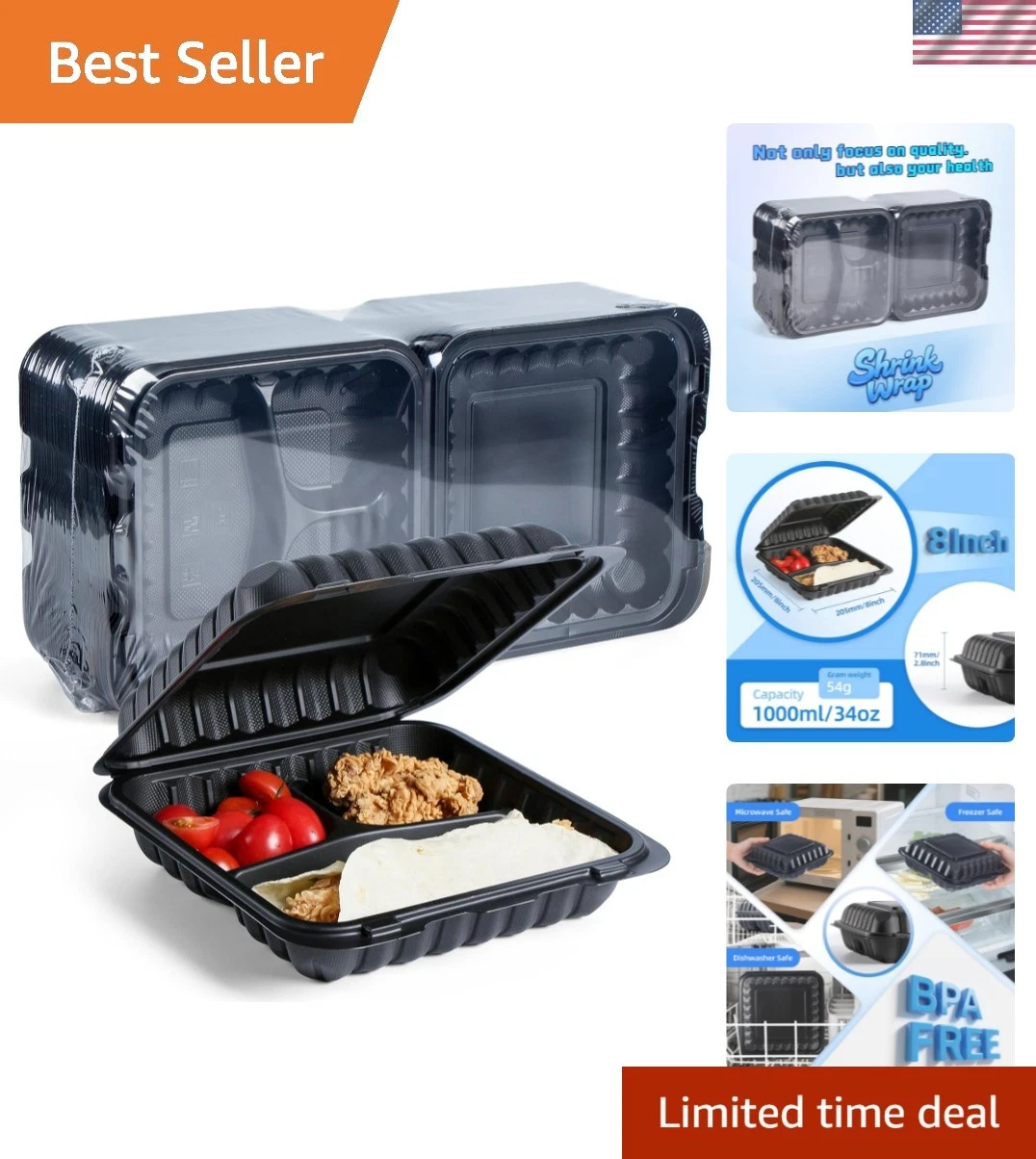 Food Containers Mineral Filled PP Plastic - 55 Pack 8x8 34 oz BPA Free | Shri...