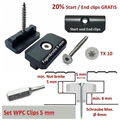 WPC Clips Befestigung Klammern Terrassendielen Montageclip 5mm+20Endclips GRATIS - Bild 1 von 4