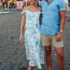 Reformation 12 Bridgton Corsica Blue Floral Toile Linen Midi Dress Off Shoulder
