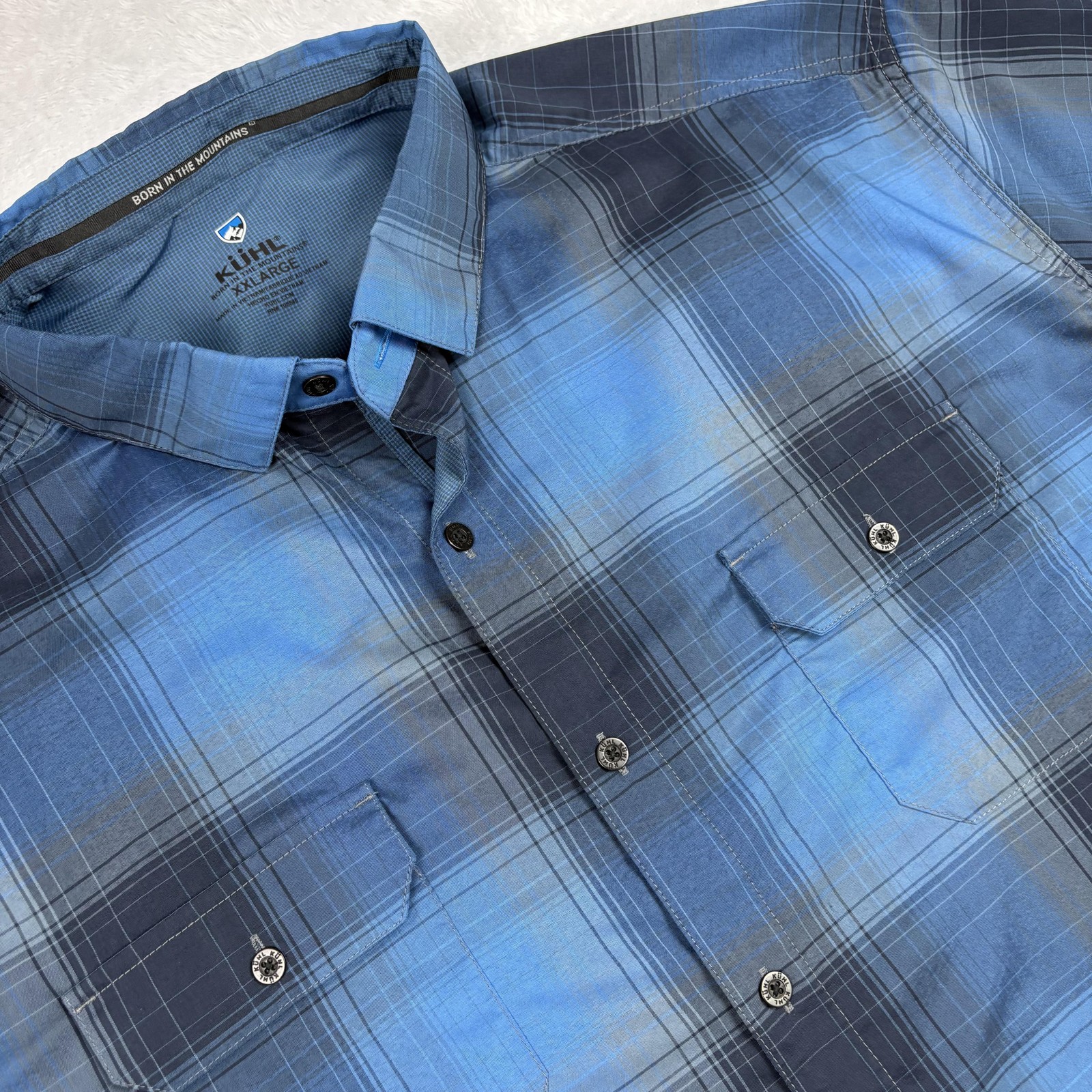 KÜHL Shirt Mens 2XL Blue Plaid Short Sleeve Button-Up Outdoor Casual Performance