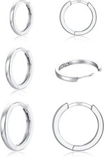 3 Pairs 925 Sterling Silver Hoop Earrings 14K White Gold A-Silver 8/10/12mm
