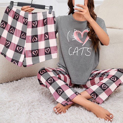 Women Silk 3 Piece Sleepwear Loungewear Print Short Sleeve Soft Loose Pajama Set - Picture 25 of 28
