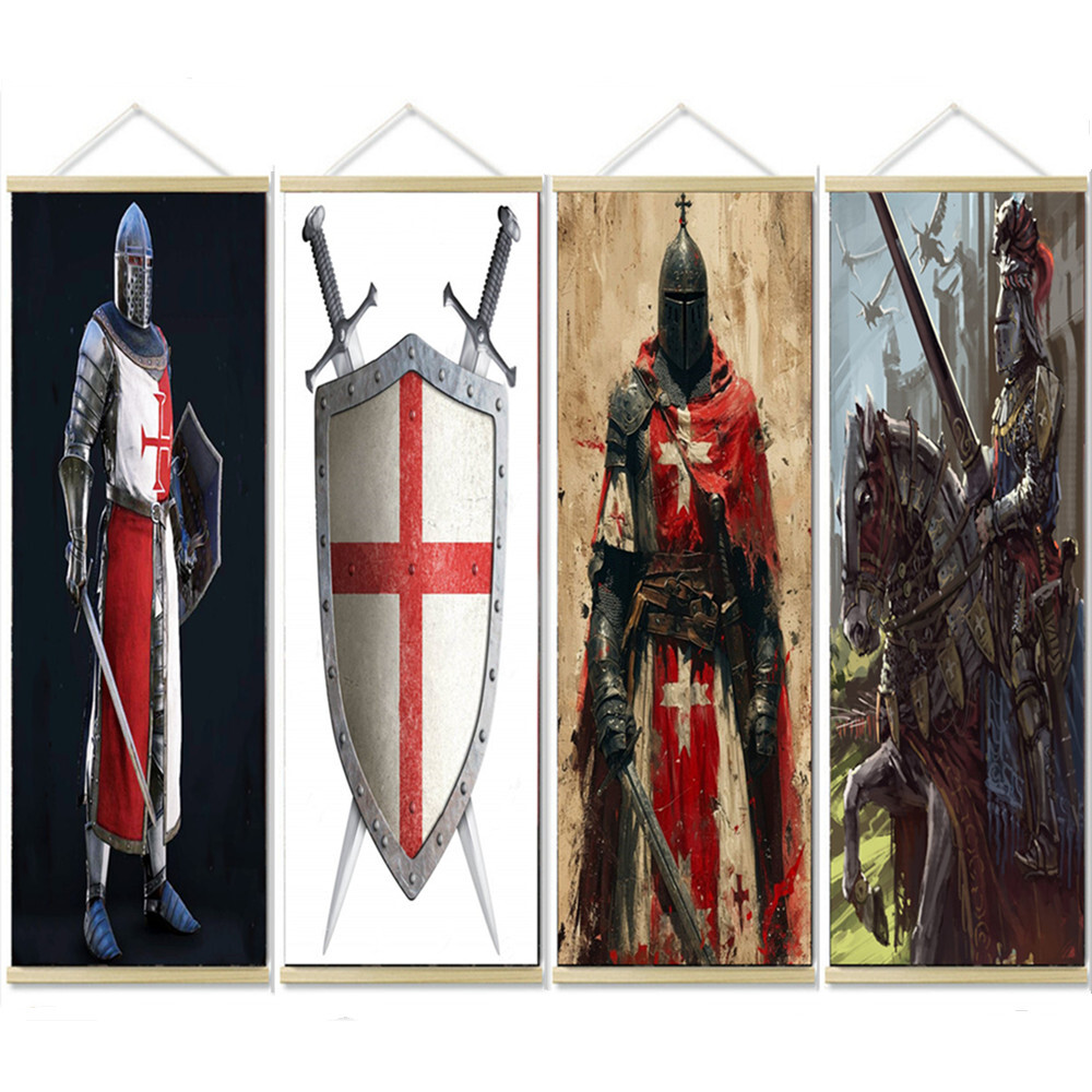 4 PCS Vintage Knights Templar Wall Art Poster Canvas Print Art Scroll Painting